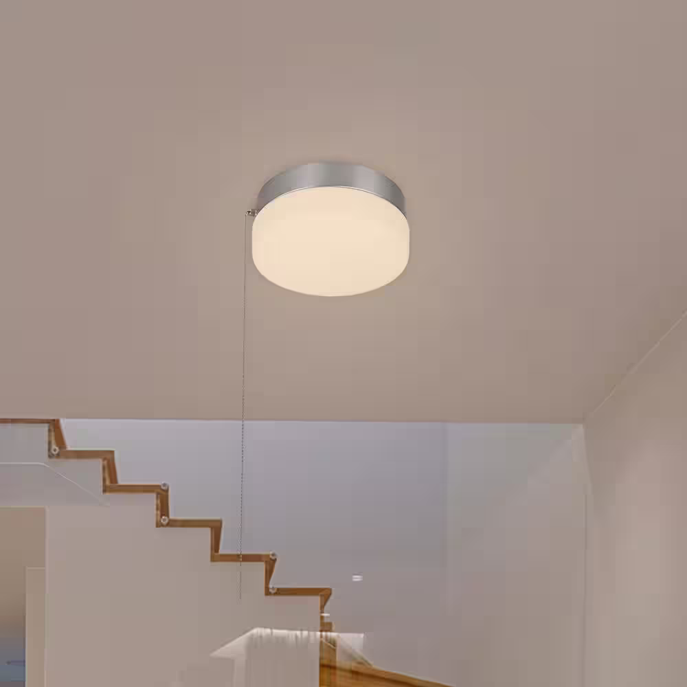 Hampton Bay Hanafin 9 in. 100-Watt Equivalent Brushed Nickel Selectable Integrated LED Flush Mount with Glass Shade and Pull Chain