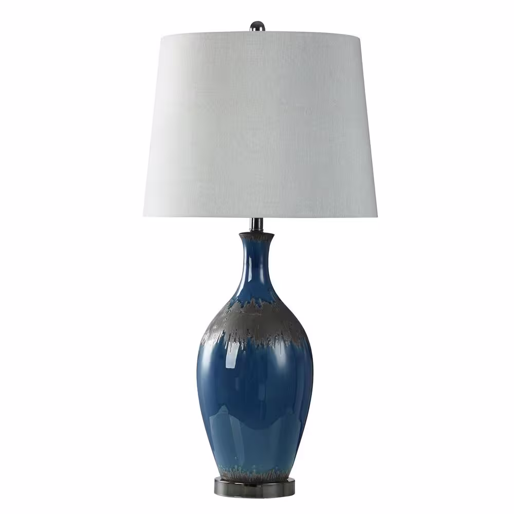 StyleCraft 35 in. Blue Glazed, Matte Brown, Black Nickel Table Lamp with Light Grey Linen Shade