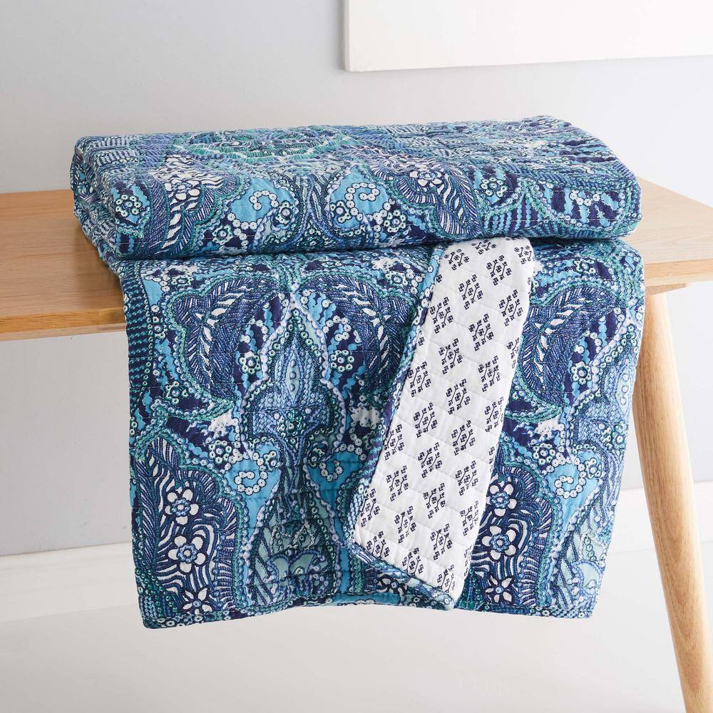 None Bellamy Teal Damask Quilted Cotton Throw Blanket