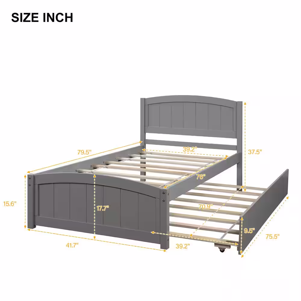 Harper & Bright Designs Classic 41.7 in. W Gray Wood Frame Twin Size Platform Bed with Trundle