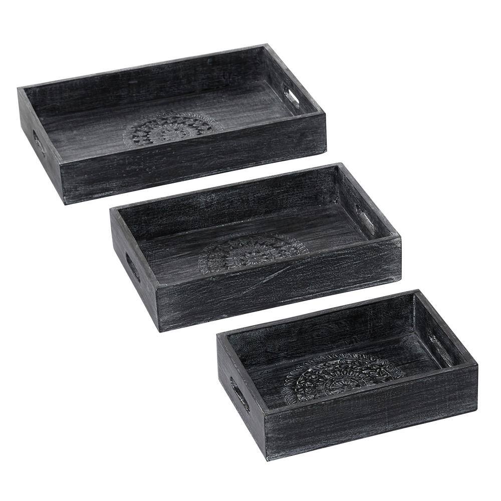 None Black Wood Intricate Carved Floral Decorative Tray (Set of 3)