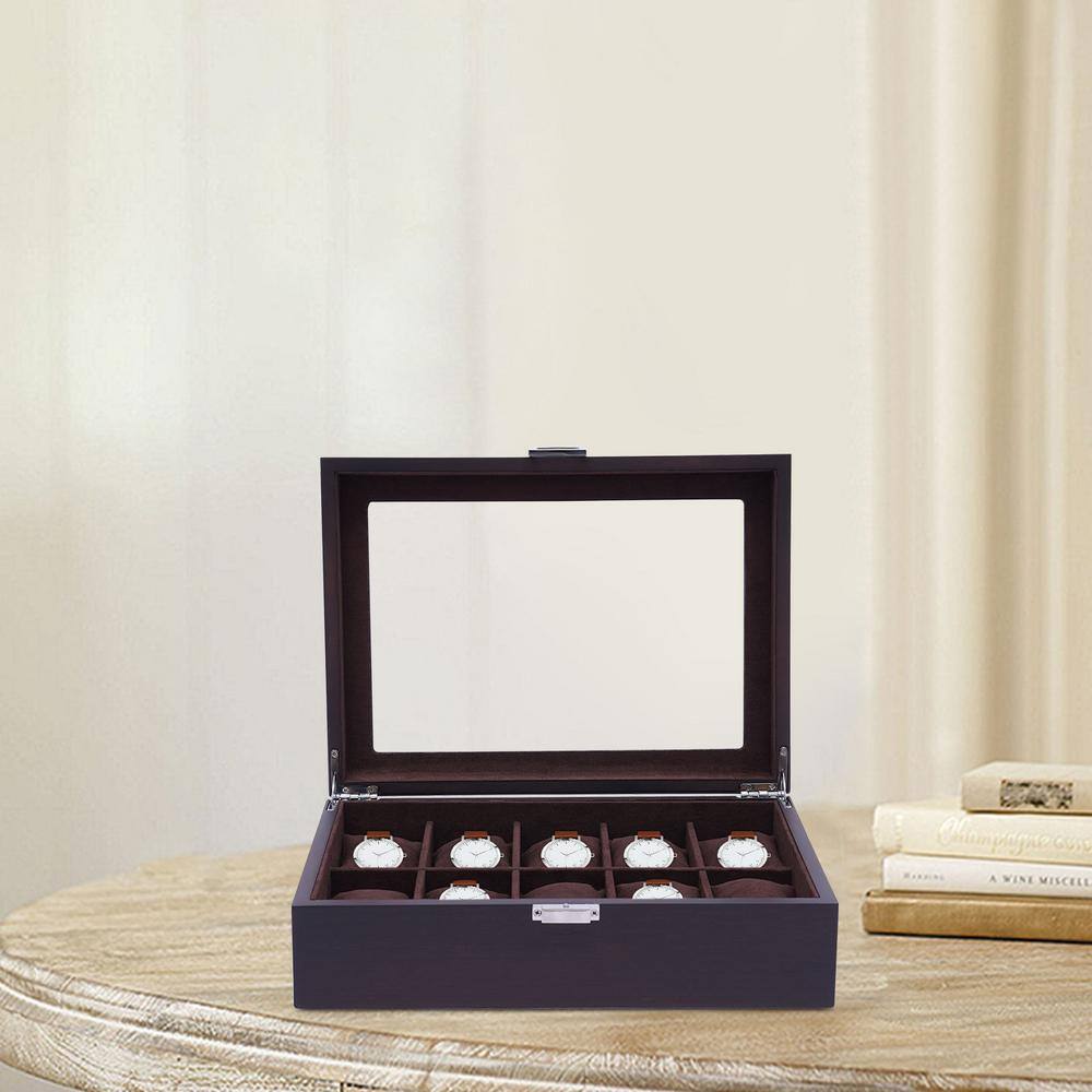 None Watch Box Coffee 10 Slots Case Glass Top Display Organizer Jewelry Storage Boxes Holder