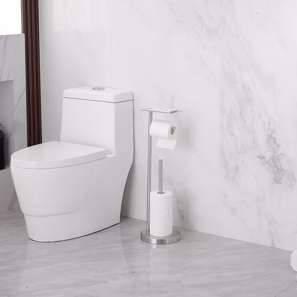 BWE Round Free Standing Toilet Paper Holder with Top Storage Shelf in Brushed Nickel