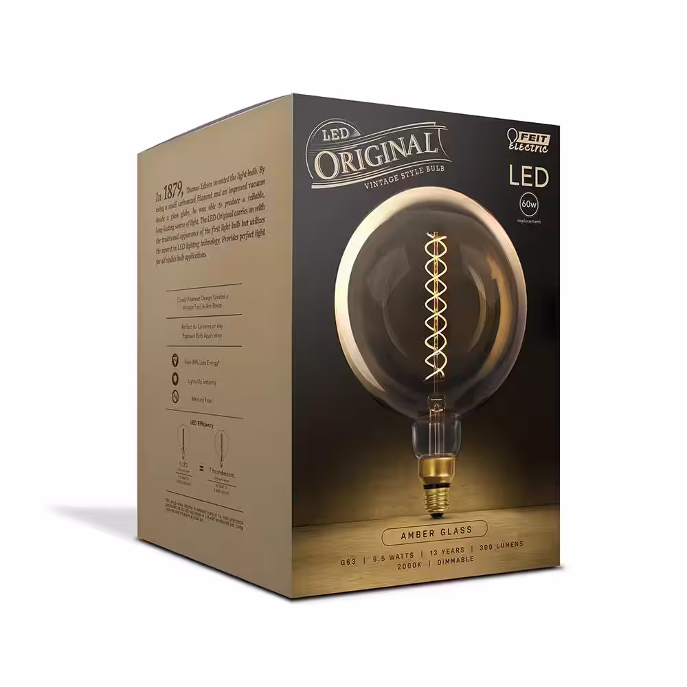 Feit Electric 60W Equivalent G63 Dimmable Spiral Filament Oversized Amber Glass E26 Vintage Edison LED Light Bulb, Warm White (3-Pack)