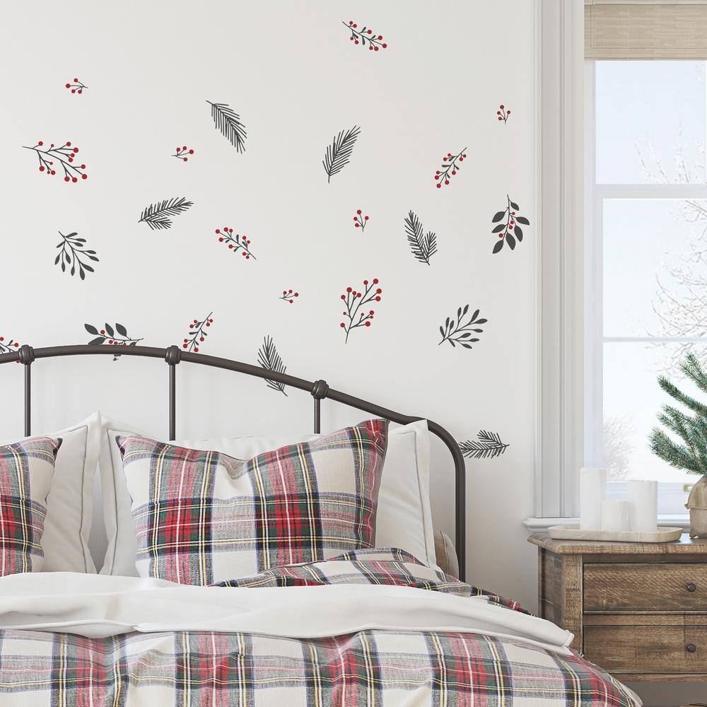 RoomMates Red and Grey Holly Berries and Twigs Wall Decals