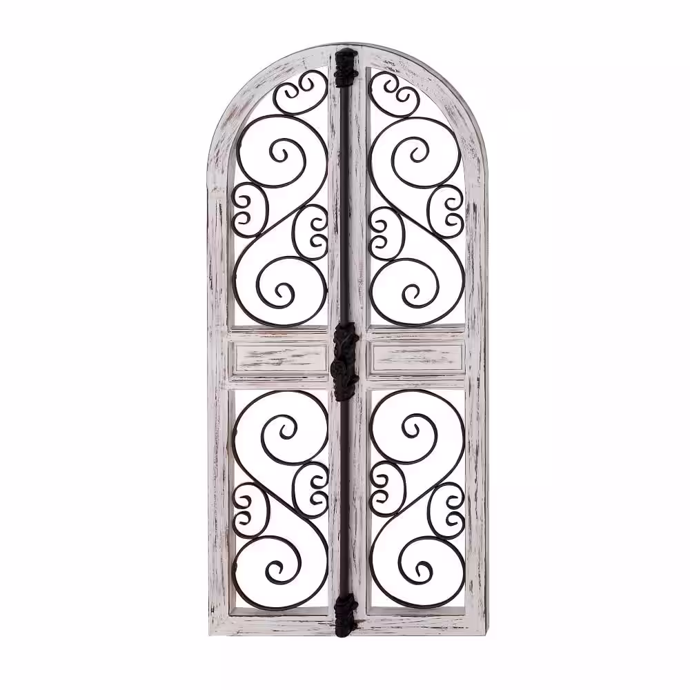 Litton Lane Wood Gray Arched Window Inspired Scroll Wall Decor with Metal Scrollwork Relief