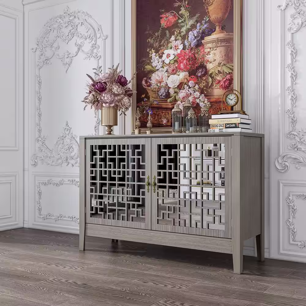 None 47.2 in. Width Gray Wooden Grain Rectangle Wood End Table Storage Cabient Sideboard with Mirrored Doors and 4 Shelves