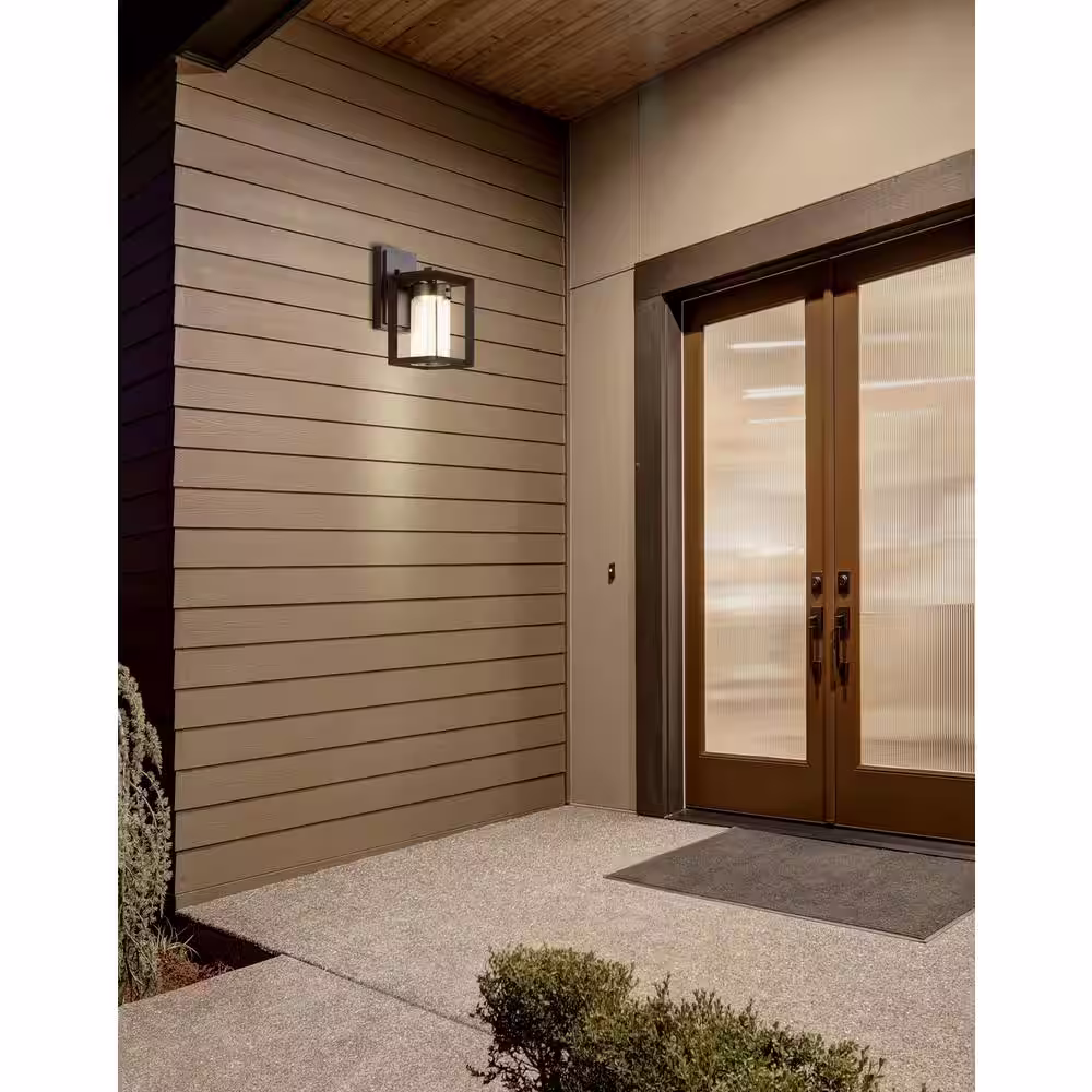 JONATHAN Y Nate Medium 9.7 in. Black Integrated LED Outdoor Modern Cube Bubble Glass/Metal Sconce