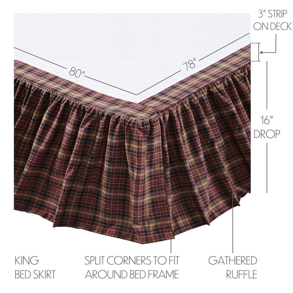 VHC BRANDS Abilene Star 16 in. Burgundy Tan Brown Plaid King Bed Skirt