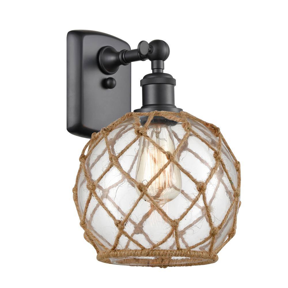 Innovations Farmhouse Rope 8 in. 1-Light Matte Black Wall Sconce with Clear Glass with Brown Rope Glass and Rope Shade