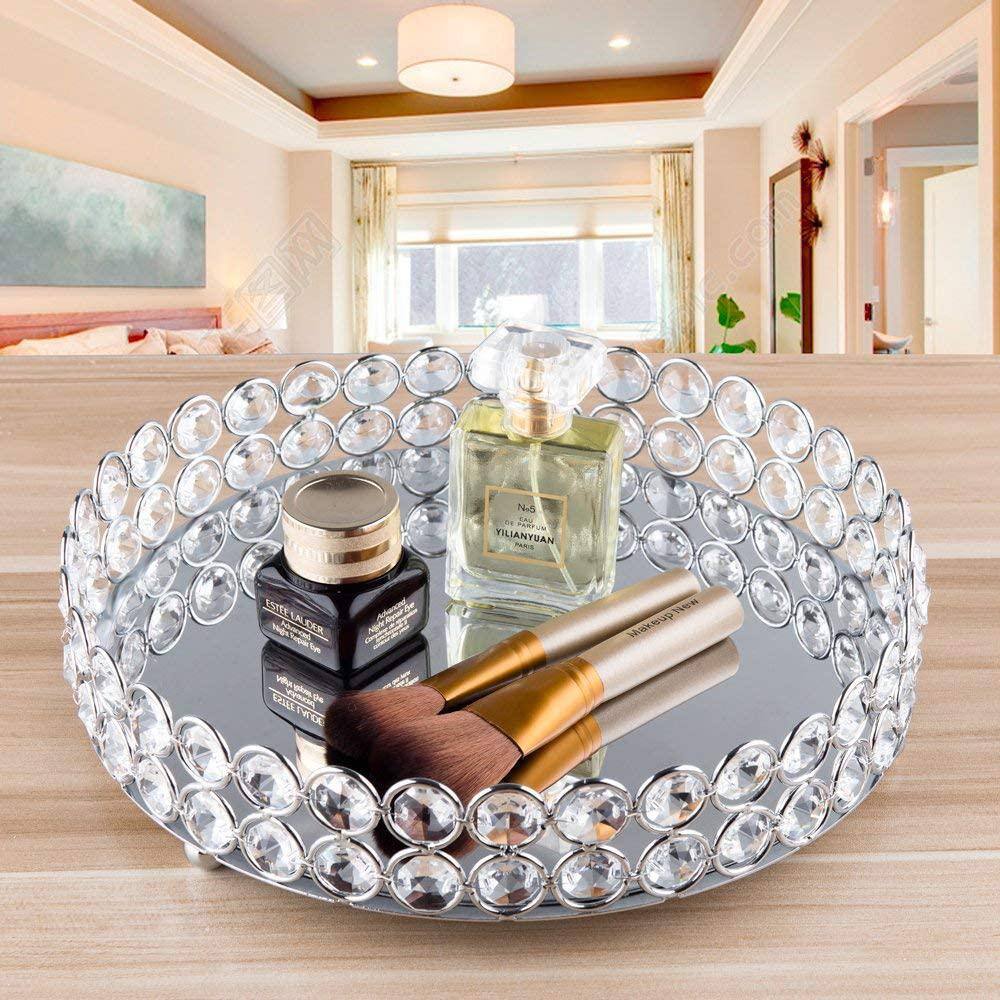 Cubilan 10.6 in. L x 9.5 in. W Silver Crystal Cosmetic Makeup Tray Mirrored Decorative Tray
