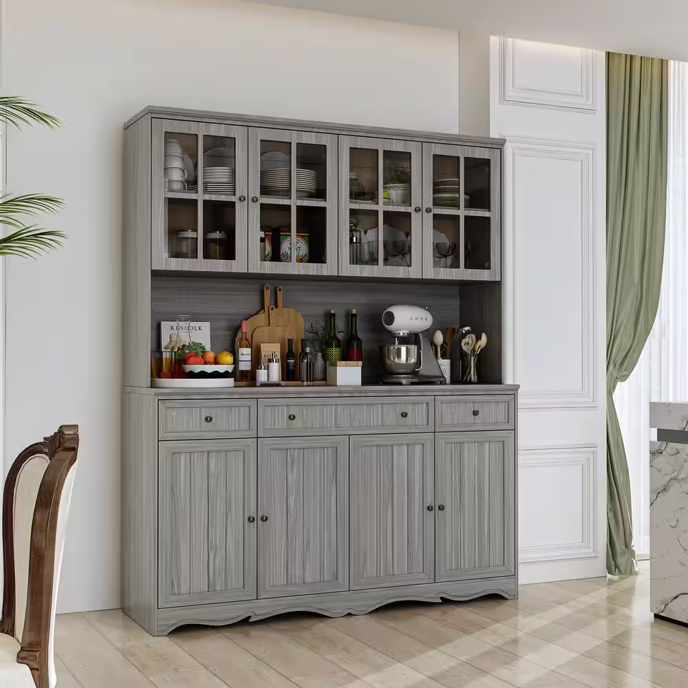 None Gray Painted Wooden 61.2 in. W Buffet and Hutch Kitchen Cabinet with Drawers and Adjustable Shelves, Glass Doors