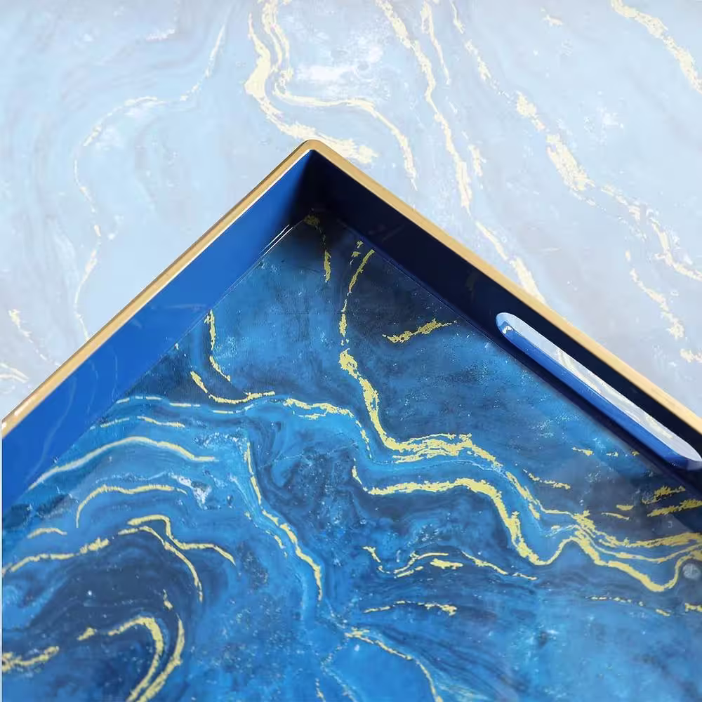None 15.7 in. L x 10.2 in. W Blue Marbling Decorative Tray with Handles