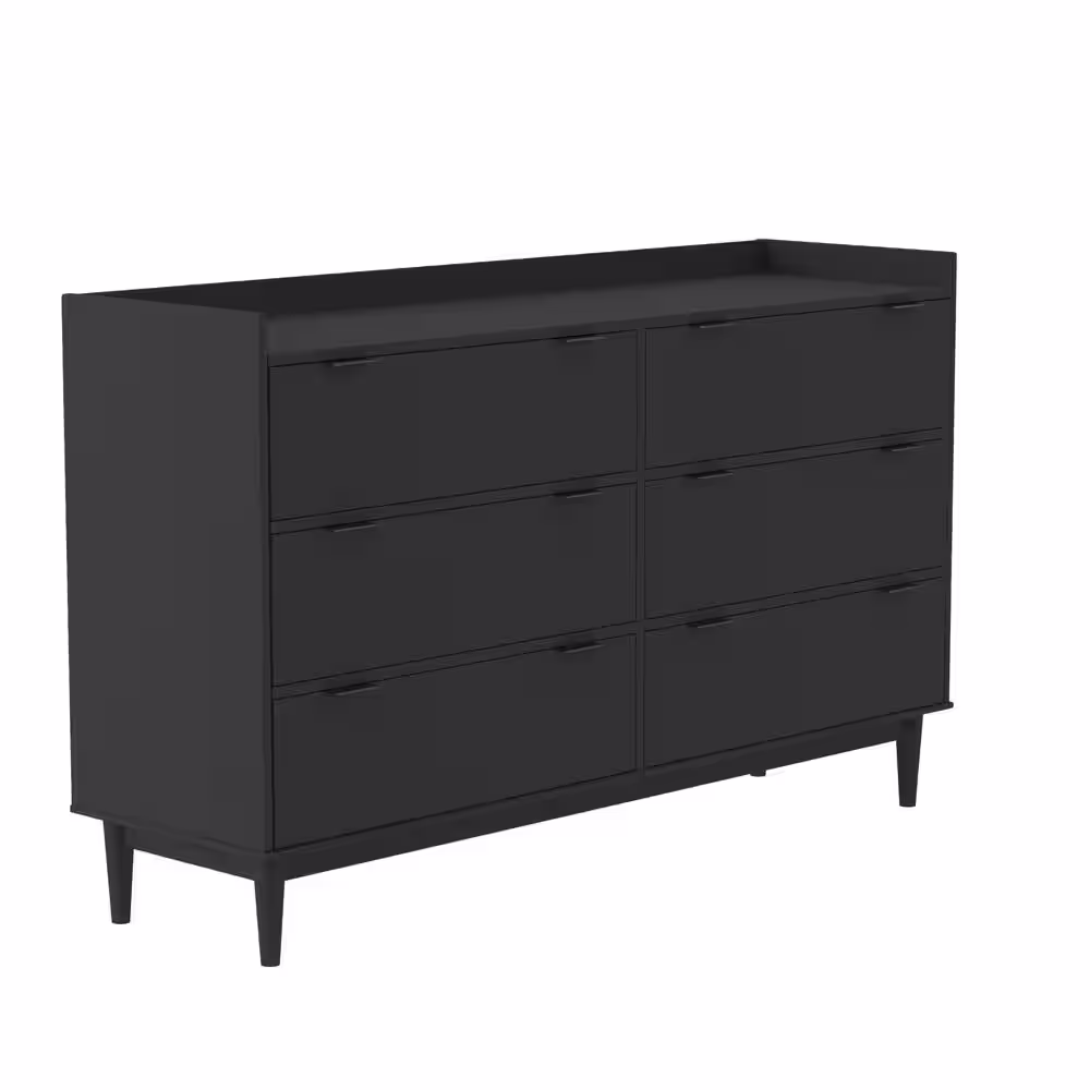 Welwick Designs 6-Drawer Black Solid Wood Mid-Century Modern Gallery-Top Dresser (33.75 in. H x 55.25 in. x 16 in. D)