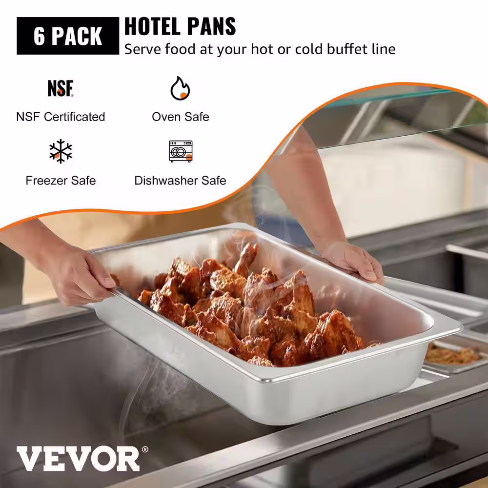 VEVOR 13.7 qt. Stainless Steel Steam Table Pans Full Size 20.9 x 12.8 x 3.9 in. Roasting Pans Hotel Pan for Broiling (6-Pack)