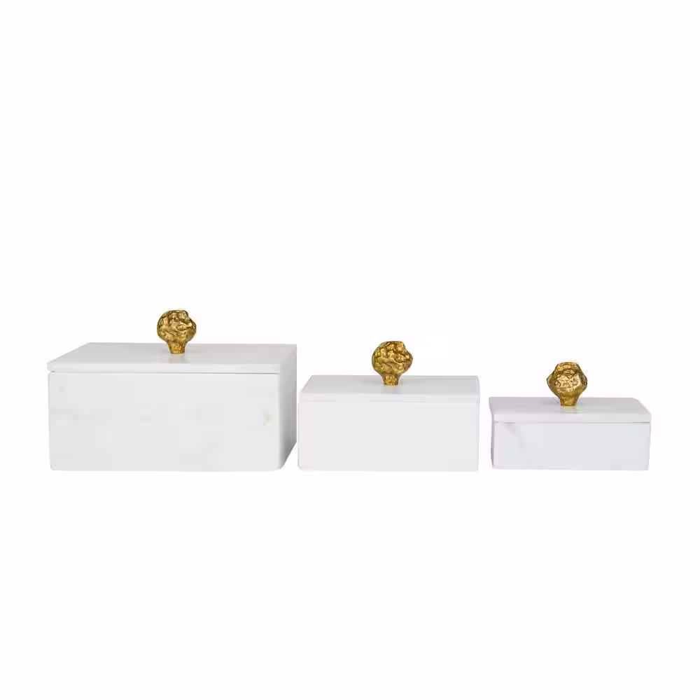 Litton Lane Rectangle Marble Box with Gold Finial (Set of 3)