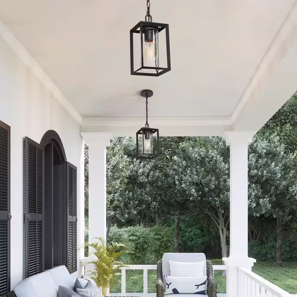 Uolfin Modern Lantern Outdoor Hanging Light, Arie 1-Light Black Cage Outdoor Pendant Light with Seeded Glass Shade