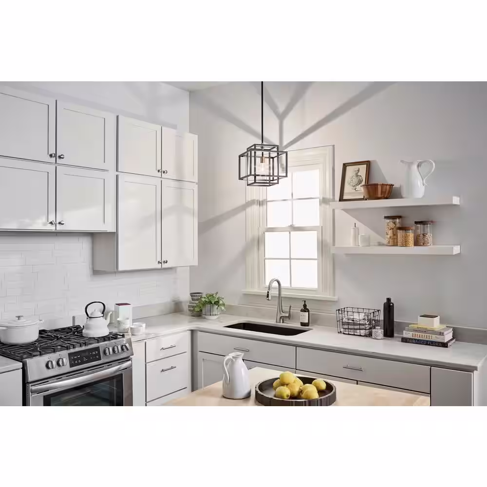 KICHLER Taubert 1-Light Black/Natural Brass Mid-Century Modern Cage Kitchen Pendant Hanging Light