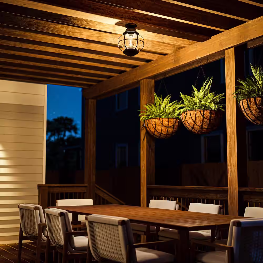 Home Decorators Collection Greer 1-Light Black Outdoor Semi-Flush Mount Ceiling Light with Caged Seeded Glass