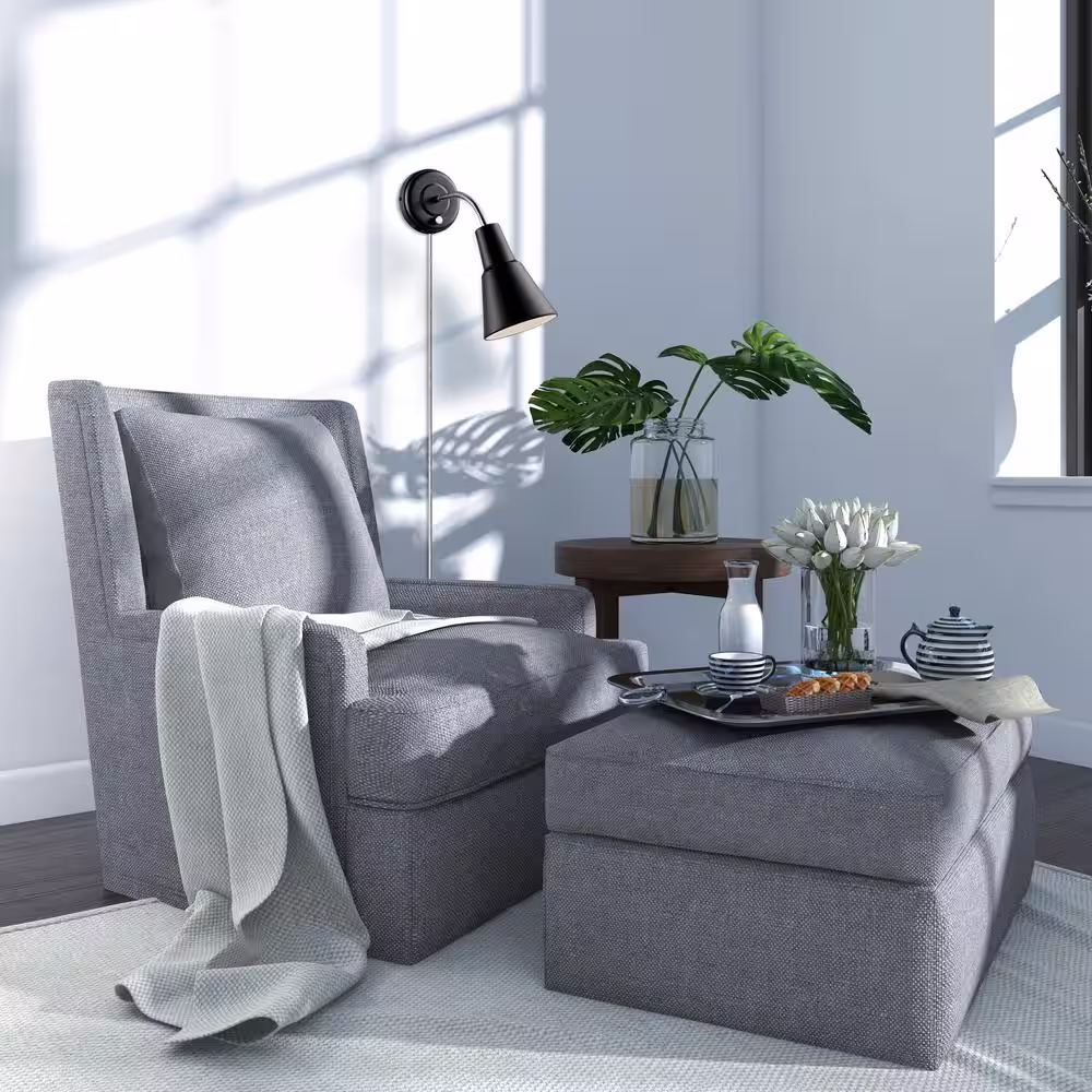 Globe Electric Ramezay 1-Light Matte Black Plug-In or Hardwire Task Wall Sconce Light