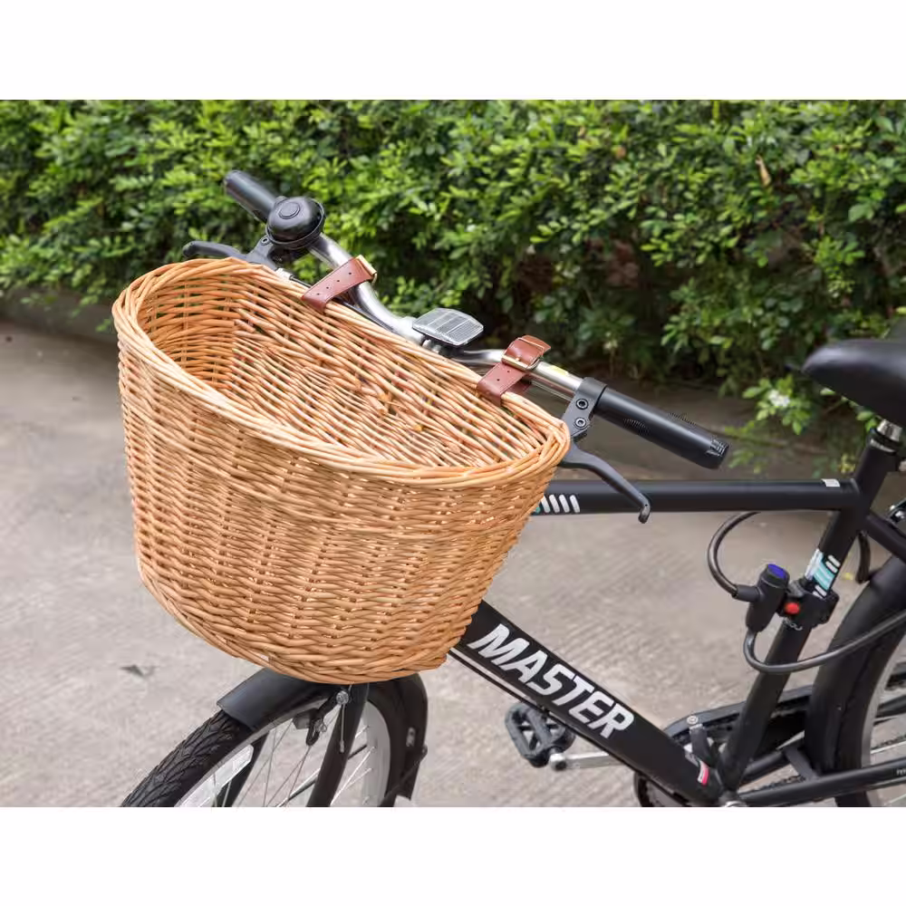None Wicker Front Bike Basket with Faux Leather Straps