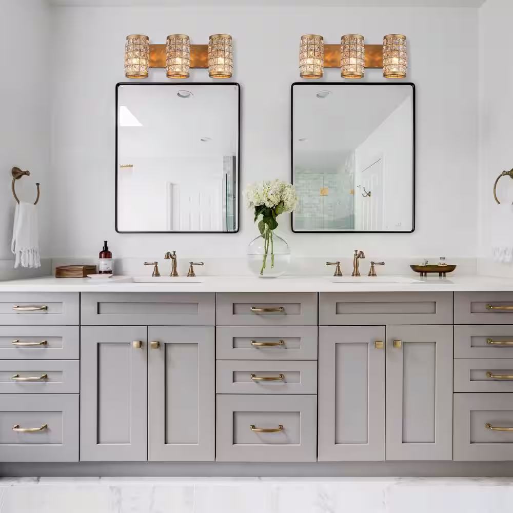 Parrot Uncle Modern Powder Bath Room Vanity Light, 21.6 in. 3-Light Gold Wall Sconce Light with Cylinder Crystal Shade