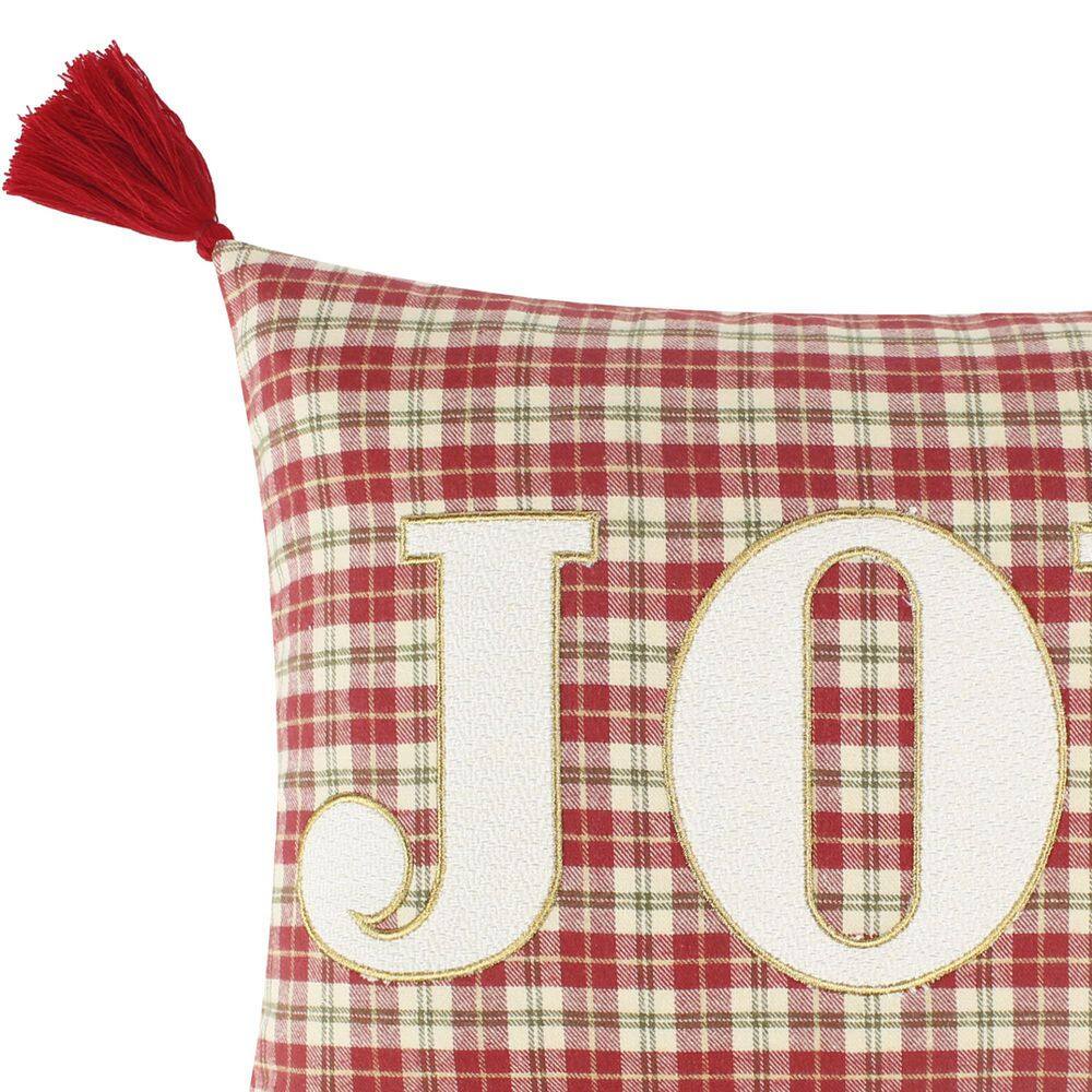 None Home for Christmas Red JOY Plaid Applique with Corner Tassels 14 in. x 18 in. Throw Pillow