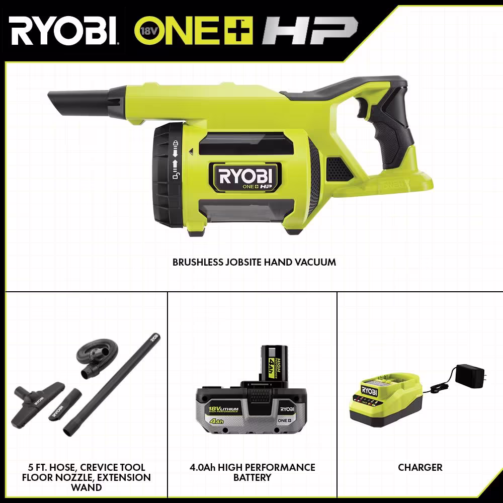 RYOBI ONE+ HP 18V Brushless Cordless Jobsite Hand Vacuum Kit with 4.0 Ah HIGH PERFORMANCE Battery and 18V Charger