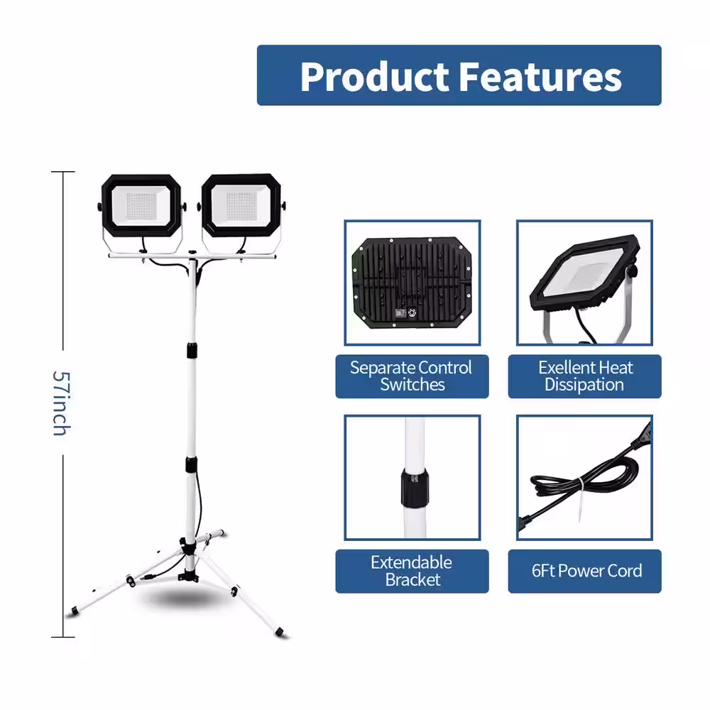 Pinegreen Lighting 20,000 Lumens Dual-Head LED Work Light with Adjustable Tripod and 6 ft. Power Cord