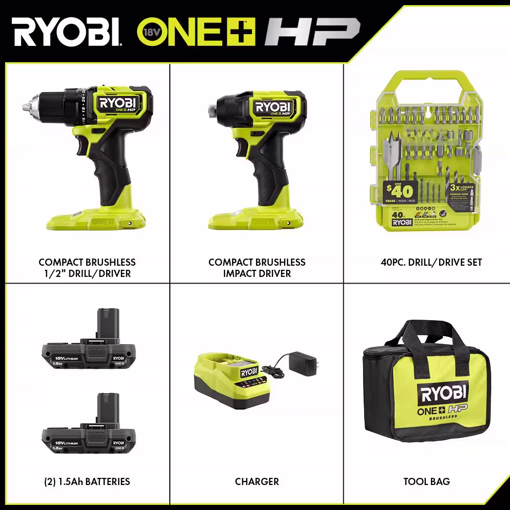 RYOBI ONE+ HP 18V Brushless Cordless Compact 2-Tool Combo Kit w/Drill, Impact Driver, Batteries, Charger, Bag, & 40PC Bit Set