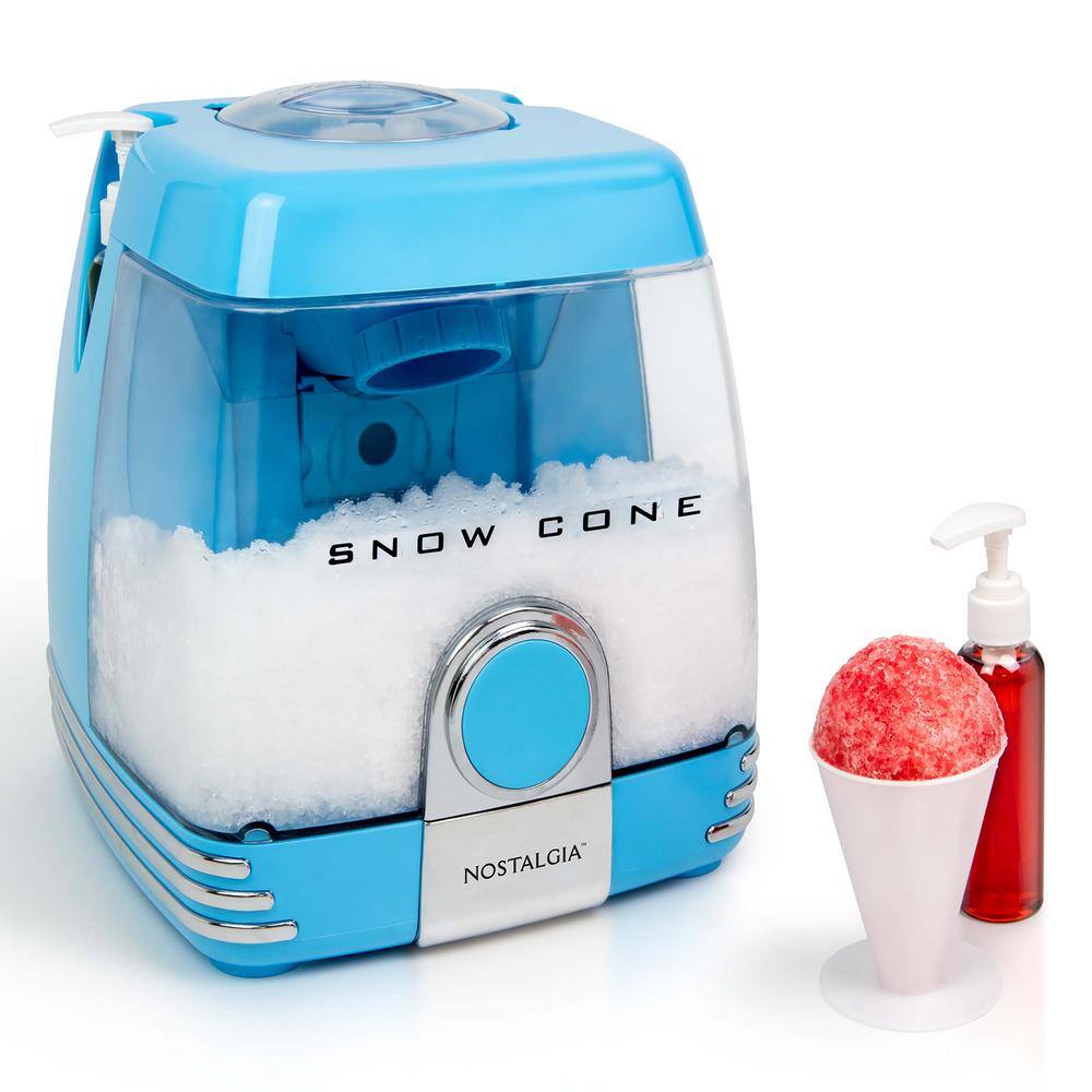 Nostalgia 30 W Blue Snow Cone Maker with Two 4-oz. Reusable Pump Syrup Bottles