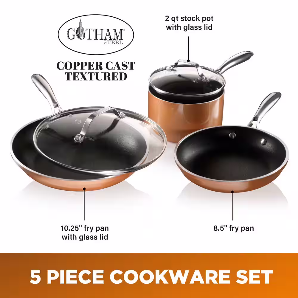 Gotham Steel 5-Piece Cast-Textured Aluminum Ti-Ceramic Nonstick Cookware Set in Copper