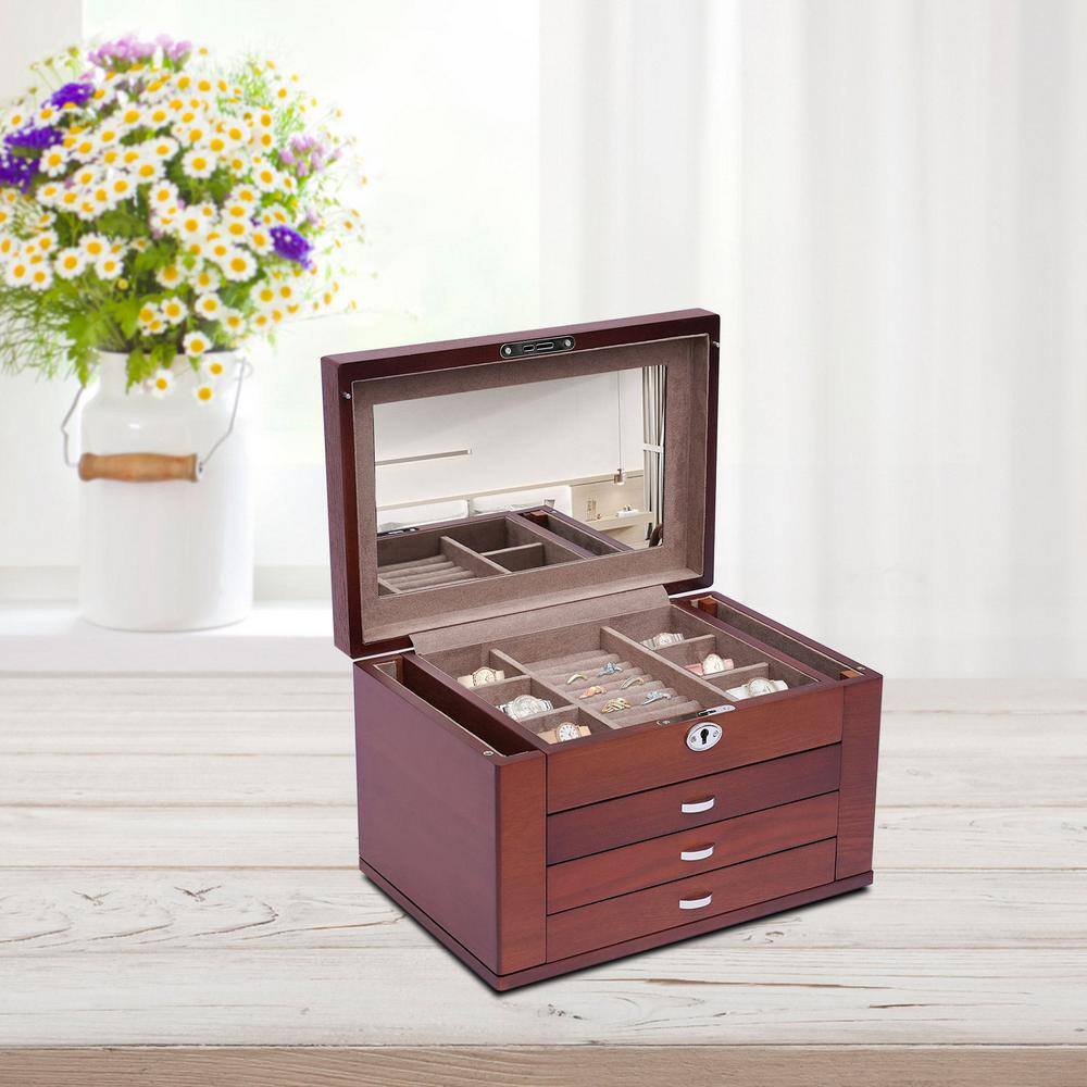 None 11.8 in. x 7.1 in. Brownish Red Wooden 4 Layer Jewelry Box with Mirror