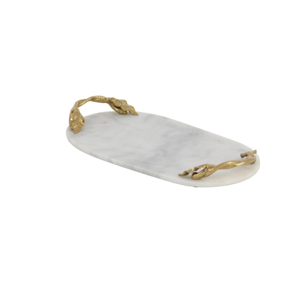 Litton Lane White Marble Decorative Tray with Gold Twisted Leaf Handles