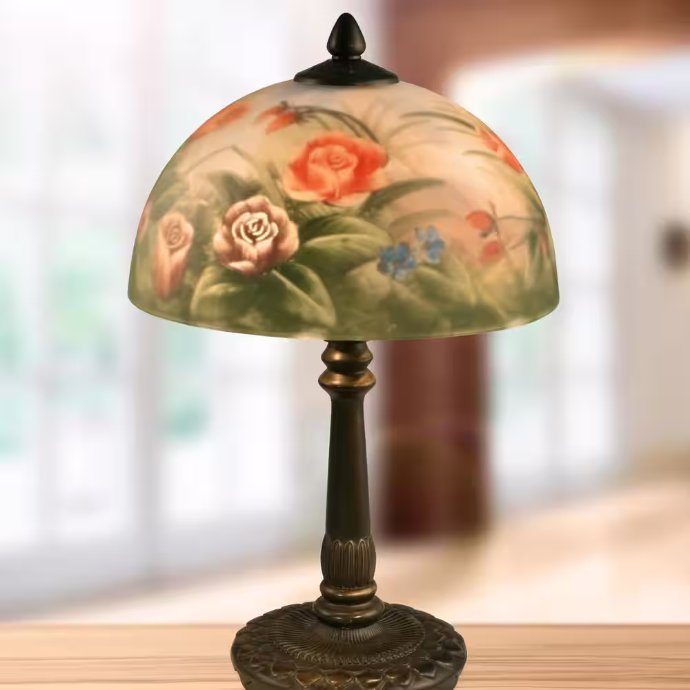 Dale Tiffany 16 in. Antique Bronze Rose Dome Table Lamp with Hand Painted Glass Shade