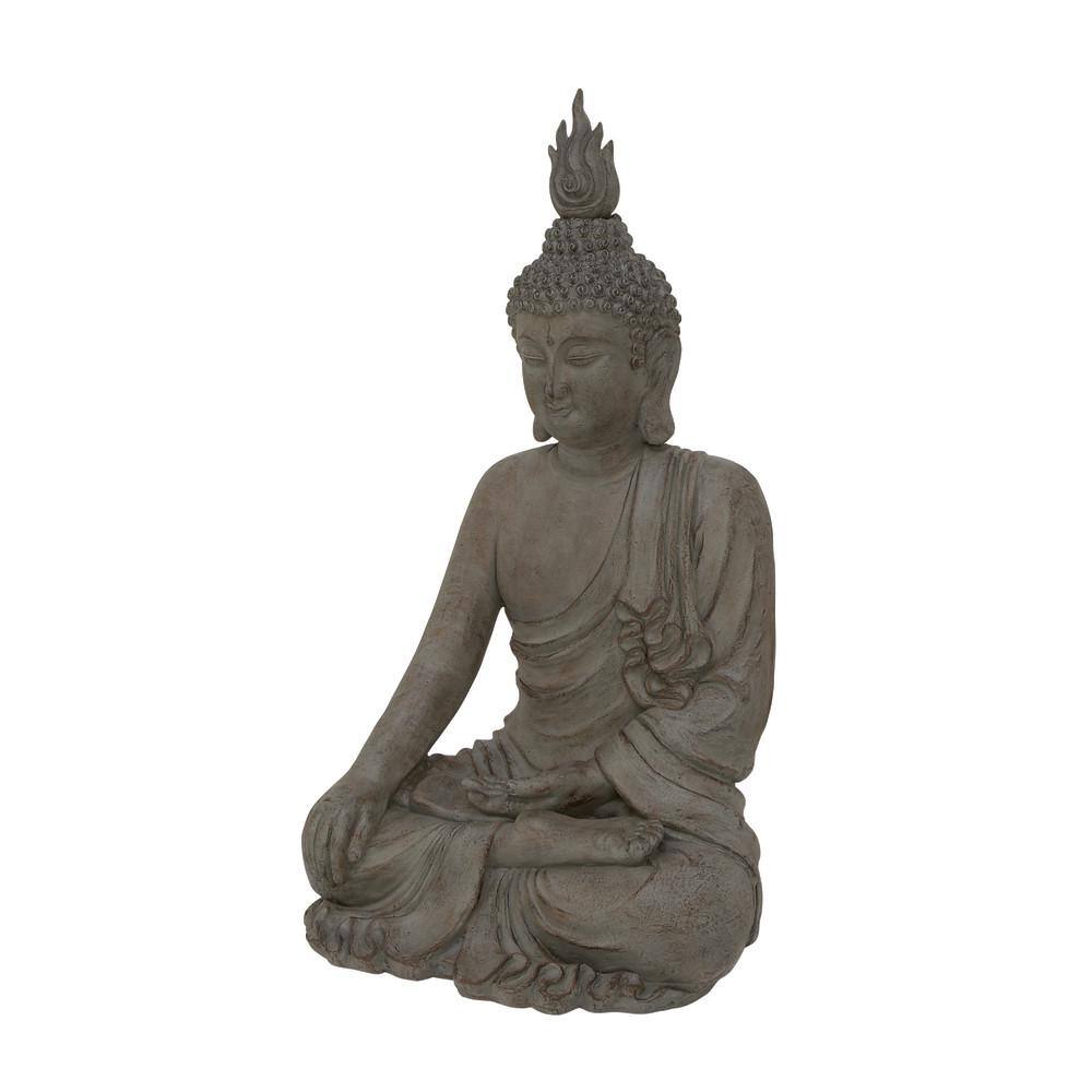 Litton Lane Gray Polystone Meditating Buddha Sculpture with Engraved Carvings and Relief Detailing