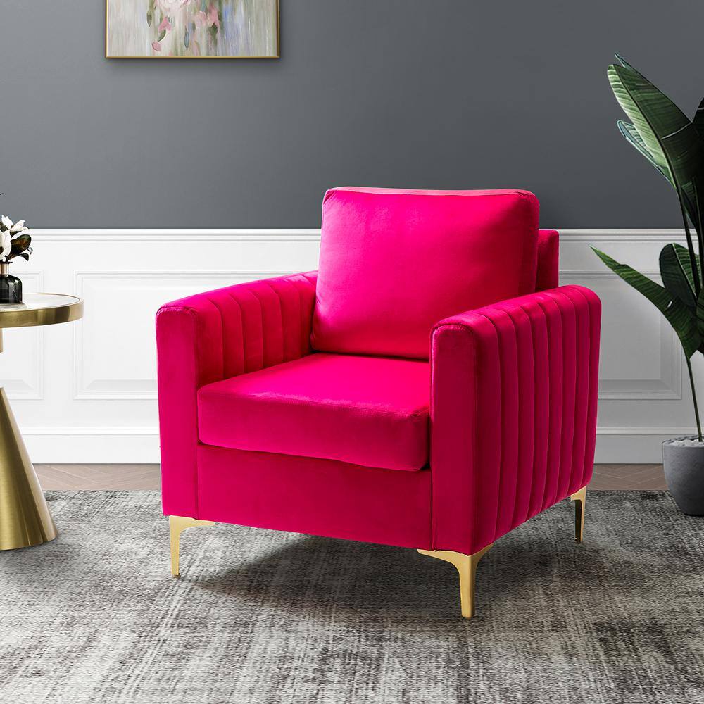 JAYDEN CREATION Ennomus Modern Fuchsia Velvet Cushion Back Club Chair with Golden Metal Legs and Track Arms