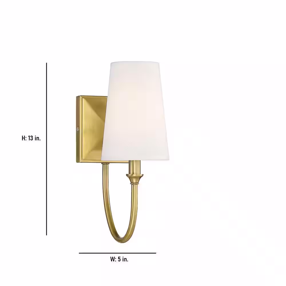 Savoy House Cameron 5 in. W x 13 in. H 1-Light Warm Brass Transitional Wall Sconce with White Fabric Shade