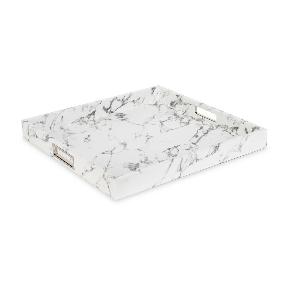 American Atelier Decorative Serving Tray Marble Square Stainless Steel Silver Handles 18.11 in. x 18.11 in. x 1.96 in. Polyurethane