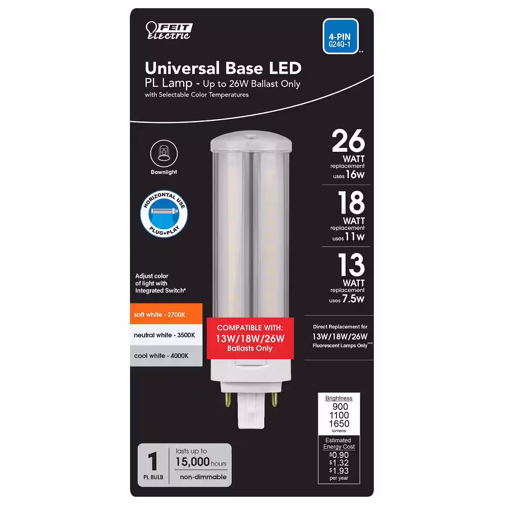 Feit Electric 13W/18W/26W Equivalent PL Horizontal 4-Pin Universal Base G24Q/GX24Q-1/-2/-3 with CCT Select LED Light Bulb (12-Pack)