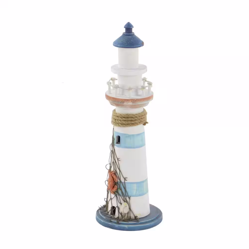 Litton Lane Blue Wood Light House Sculpture with Netting