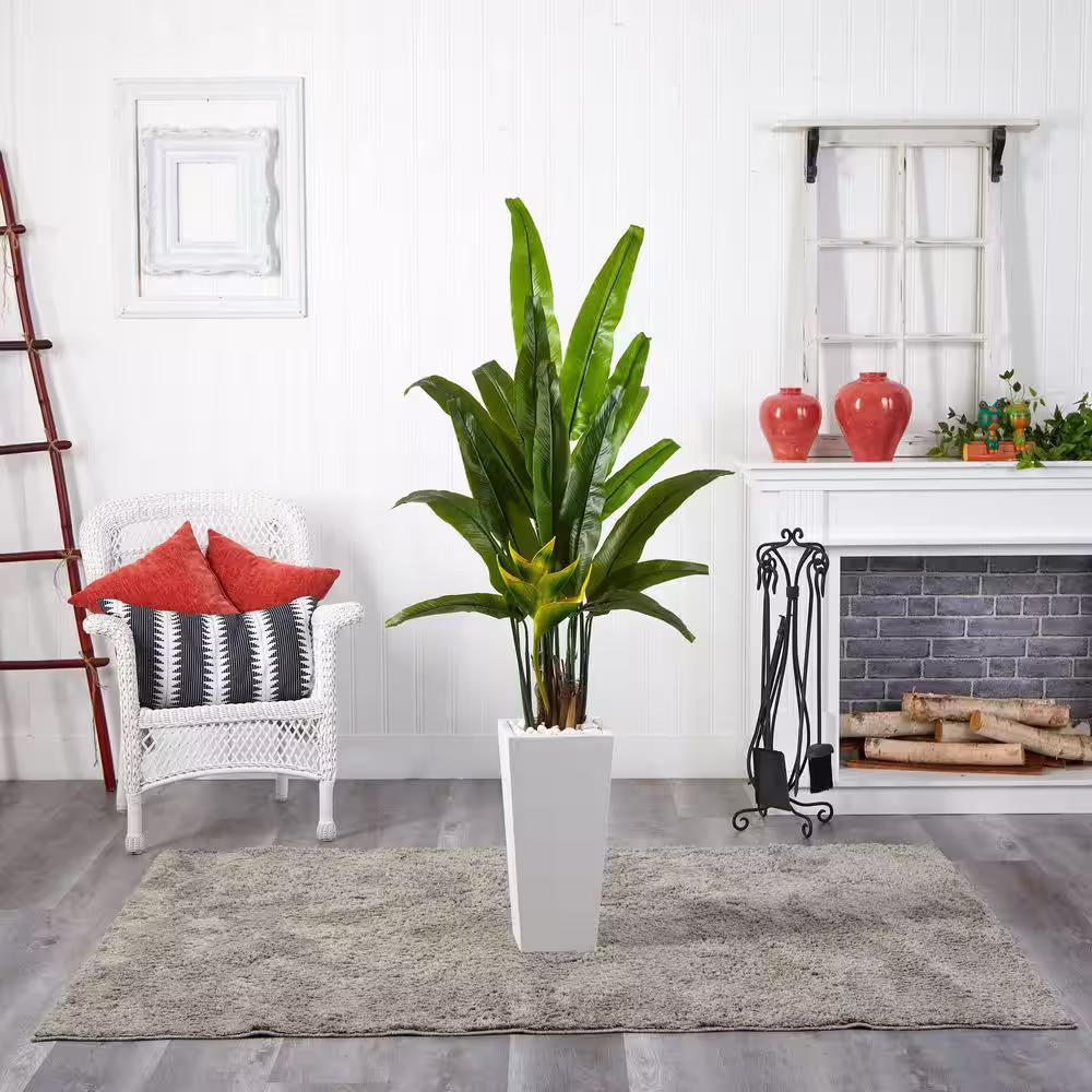 Nearly Natural Indoor 69-In. Travelers Palm Artificial Tree in White Tower Planter