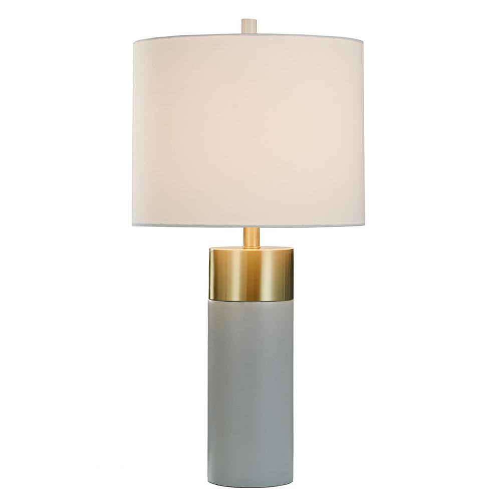 StyleCraft 27.75 in. Soft Brass/Natural Concrete Table Lamp with Brussels White Hardback Fabric Shade