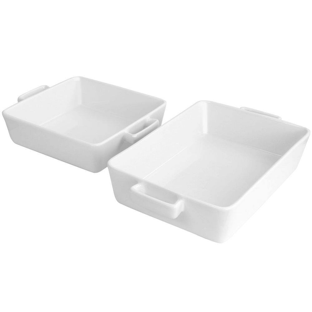 None 2-Piece White Stoneware Square and Rectangle Baker Bakeware Set