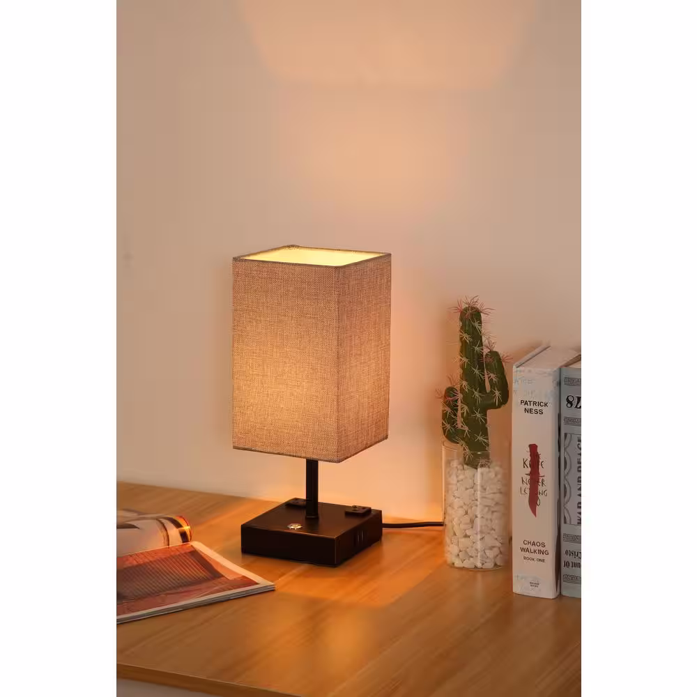 Spitzer 15 in. Black Desk Lamp with Charging Outlet and USB Port Fabric Shade