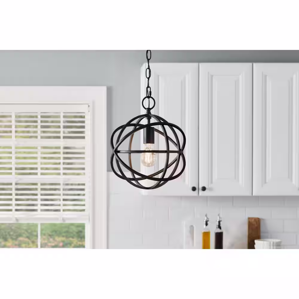 Home Decorators Collection Sarolta Sands 1-Light Black Mini Pendant Light Fixture with Caged Orb Metal Shade