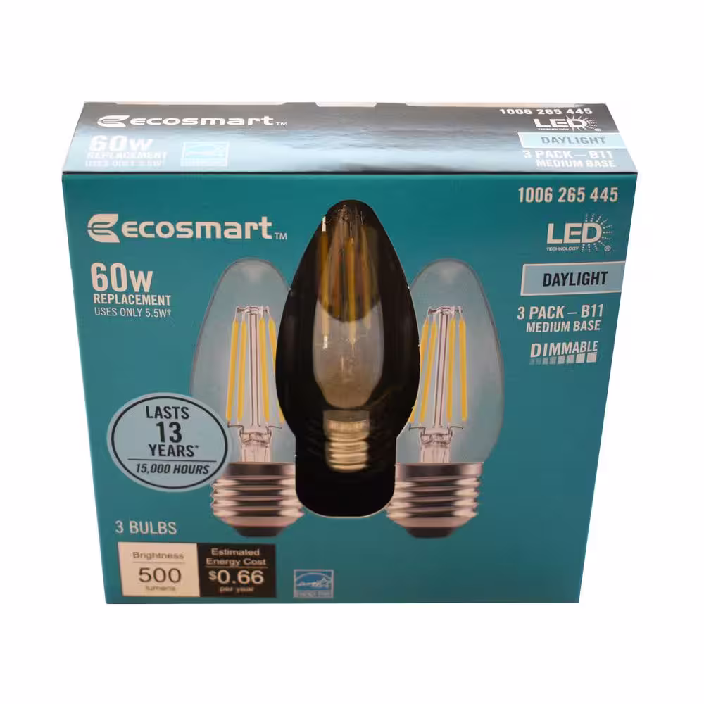 EcoSmart 60-Watt Equivalent B11 Blunt Tip Dimmable Candle Medium Base Clear Glass LED Vintage Edison Light Bulb Daylight (3-Pack)