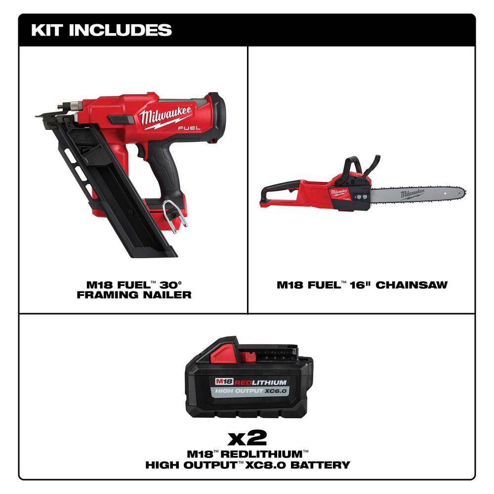 Milwaukee M18 FUEL 3-1/2 in. 18-Volt 30-Degree Lithium-Ion Brushless Cordless Nailer w/16 in.FUEL Chainsaw, Two 6Ah HO Batteries