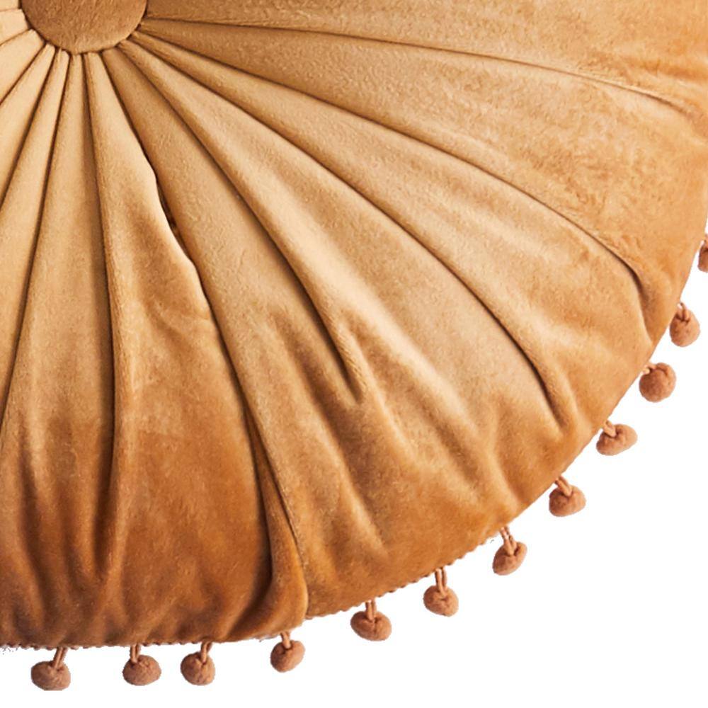 None Delissa Velvet Gold Button Tuffed, Pom Pom Edge Round 16 in. Throw Pillow