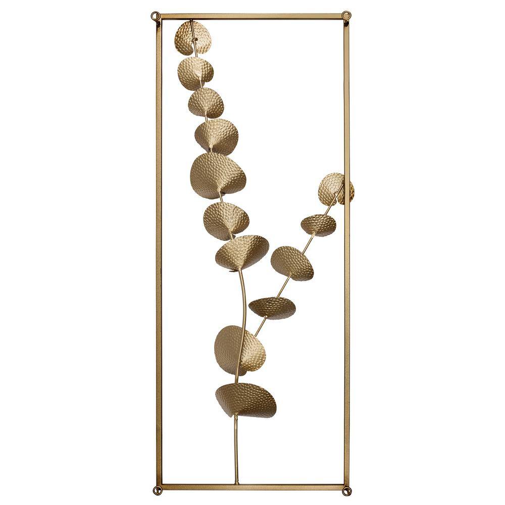 Stratton Home Decor Modern 35.50 in. x 13.78 in. Gold Metal Eucalyptus Panel Wall Decor